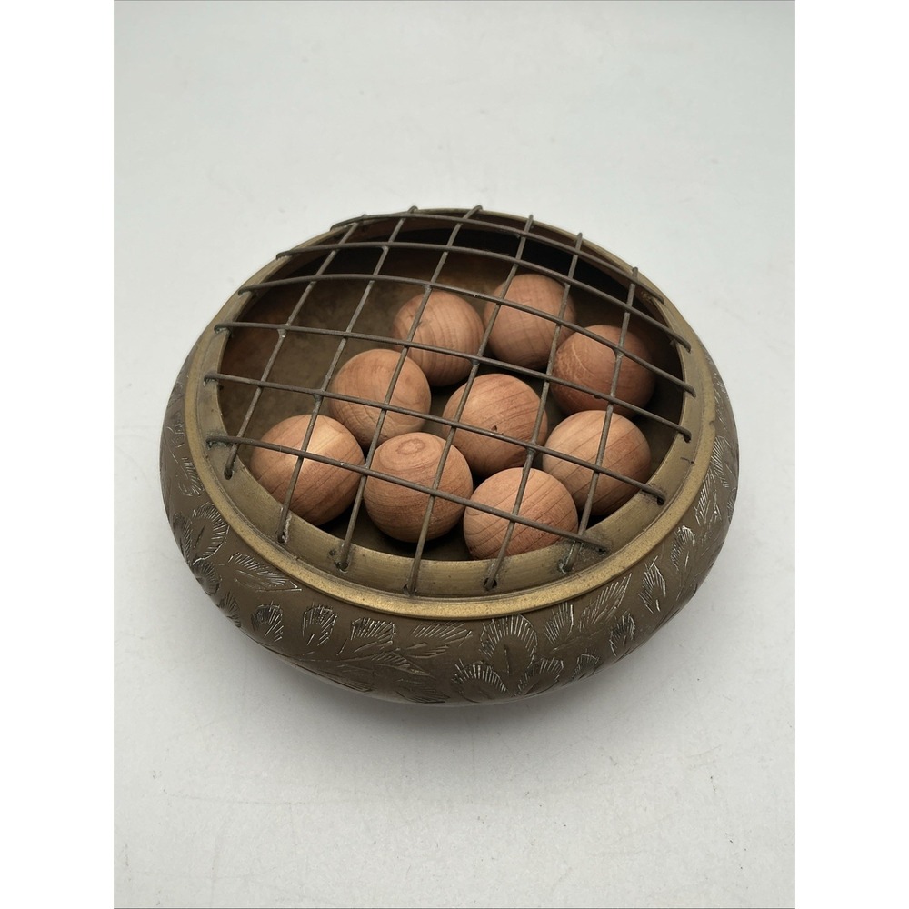 Vintage Brass Bowl w/Wire Grid Cover & Wood Spheres,‎ India, Etched Leaves